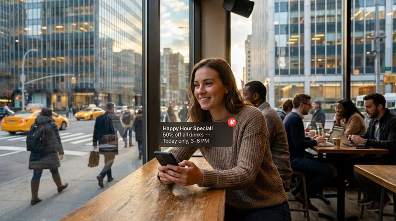 A young professional smiles at their phone inside a modern cafe with a city street view, promoting a happy hour offer for nearby workers.