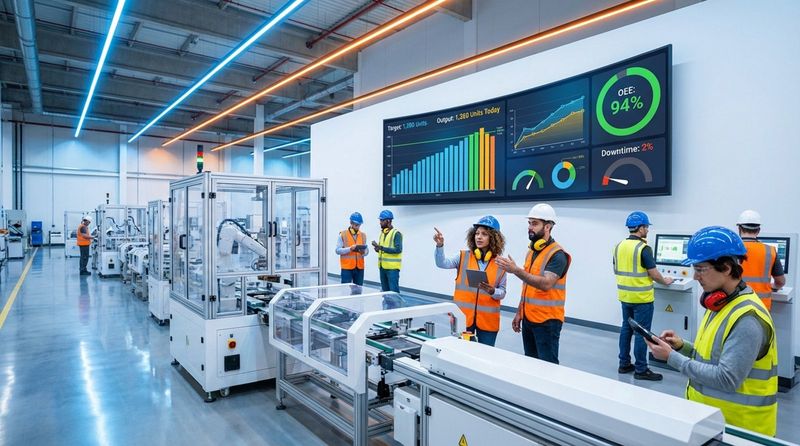 A modern factory floor with workers monitoring real-time production graphs on a digital screen, highlighting an informed and connected workforce.