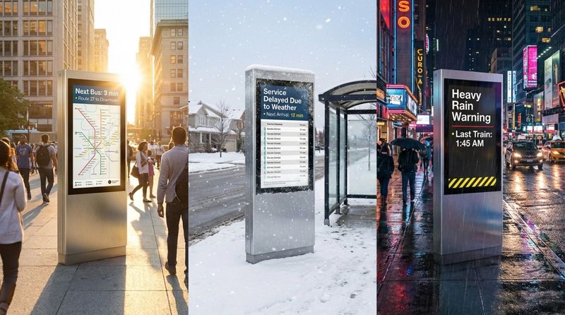 Photorealistic collage of three digital kiosks in different weather conditions demonstrating outdoor information display.