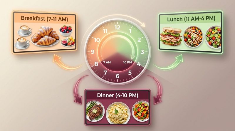 An infographic illustrating dayparting in a restaurant with a central clock and three digital menu screens for breakfast lunch and dinner showing relevant dishes.