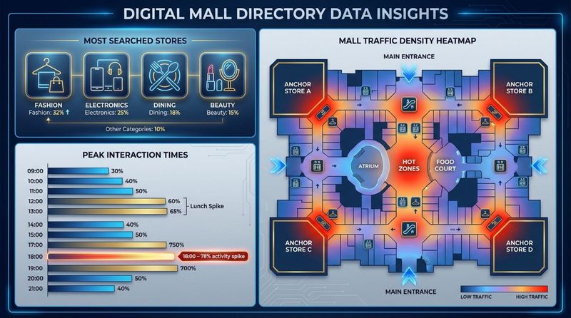 A modern infographic illustrating data insights from a digital directory, including store search popularity, mall traffic heatmap, and interaction timing charts.