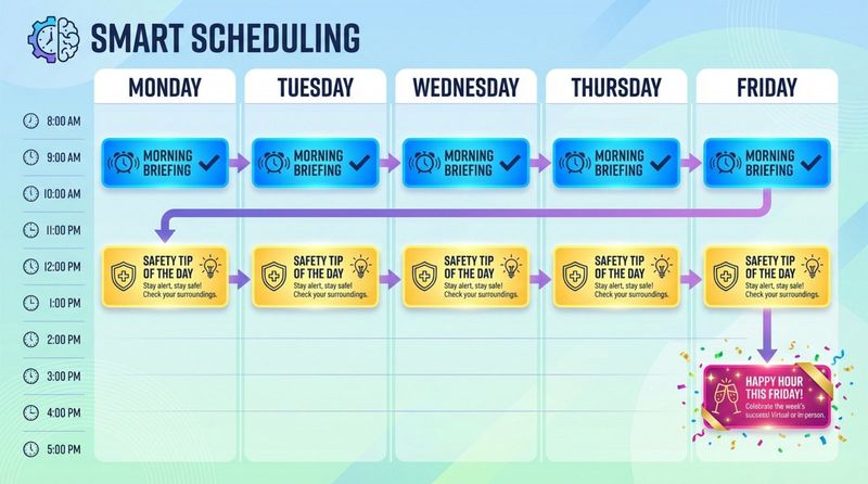 Colorful vector infographic illustrating a weekly schedule with key events and automated timing cues.