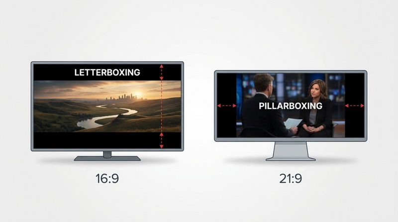 Side-by-side diagram illustrating letterboxing and pillarboxing with black bars on top and bottom or sides respectively for easy understanding