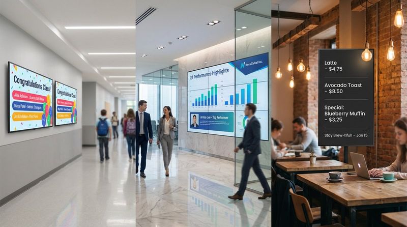 Photorealistic collage of digital signage in a school, office, and café showcasing achievements, news, and menus.