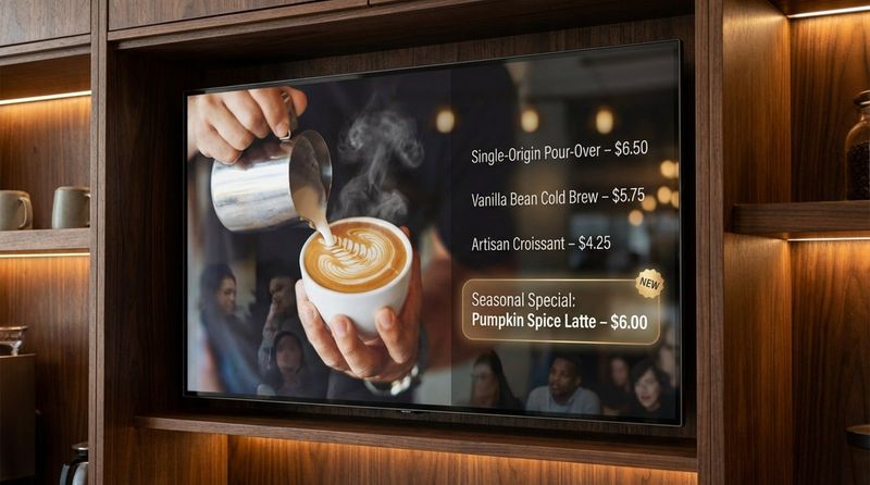 A close-up of a digital menu board in a high-end cafe displaying a barista making a latte with animated steam and highlighted seasonal special.
