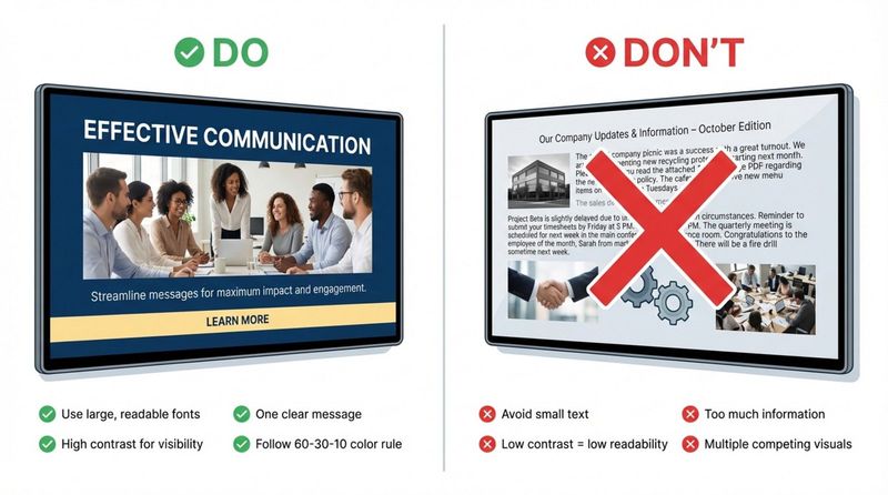 Infographic illustrating effective digital signage design with a clear do and don't comparison.
