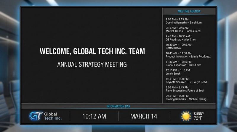 Diagram of a digital welcome screen divided into three zones with clear labels showing a greeting, meeting details, agenda, and a footer with company logo and weather information.