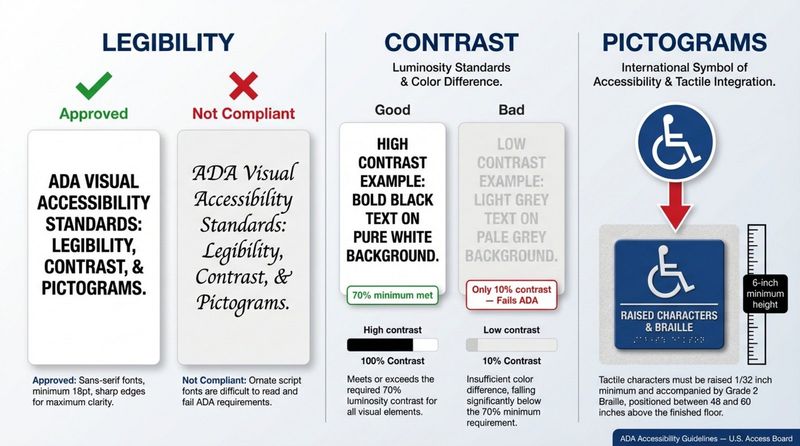 Illustrative infographic depicting ADA accessibility standards with sections on legibility contrast and pictograms for visual compliance.