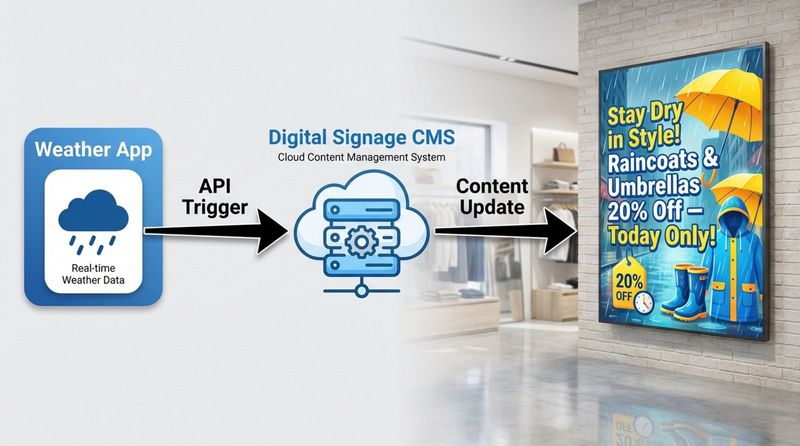 A diagram illustrating automated digital signage showing a weather app triggering a store display for rain gear.