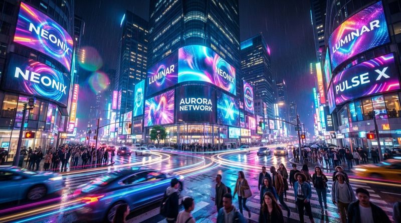 A vibrant night scene of a futuristic city intersection with large digital billboards displaying colorful brand visuals and light trails from traffic.