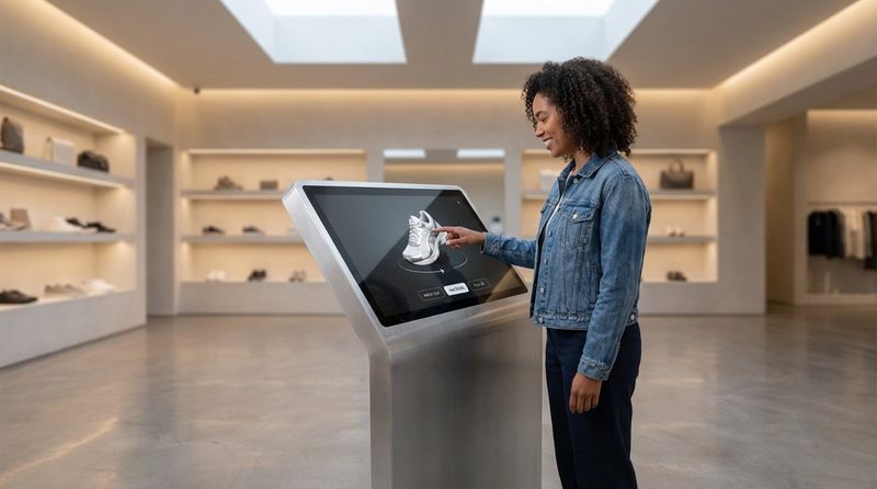 A customer interacts with an endless aisle kiosk to browse shoes in a modern retail store.