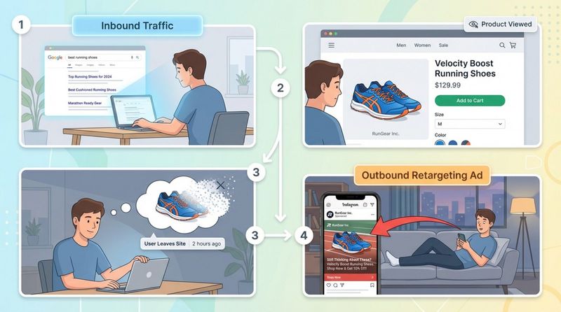 A step-by-step infographic illustrating retargeting campaign process from search to social media ad.