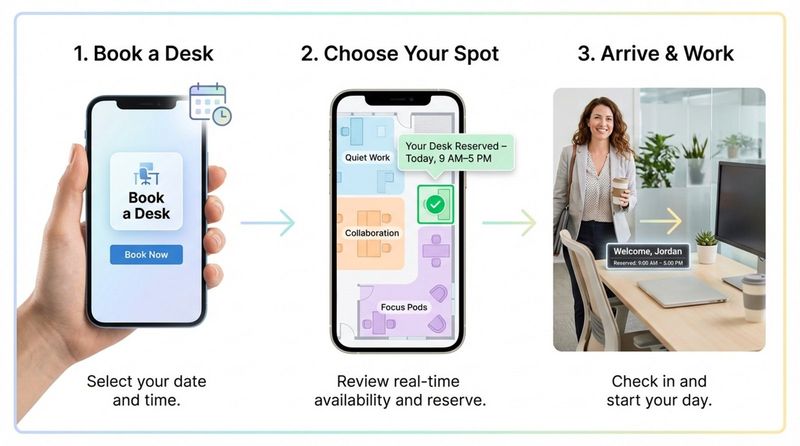 Infographic showing three steps of office hoteling: booking a desk on a smartphone, selecting a desk on a floor plan, and arriving at a reserved workspace.