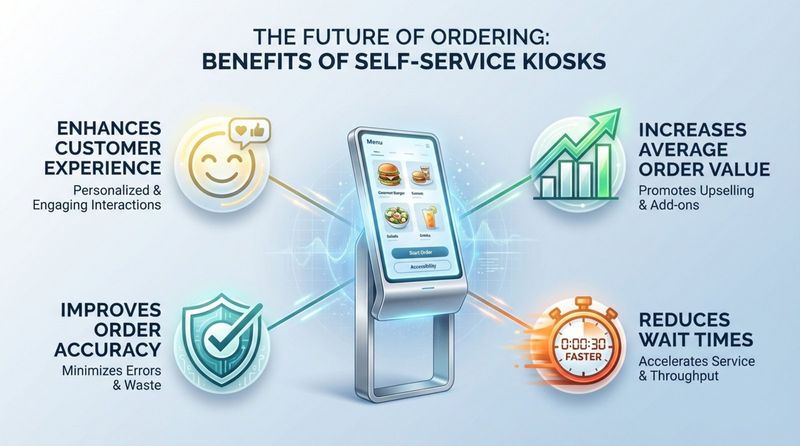 A modern infographic illustrating the key benefits of self-ordering kiosks with icons representing increased sales, faster service, accuracy, and customer satisfaction.