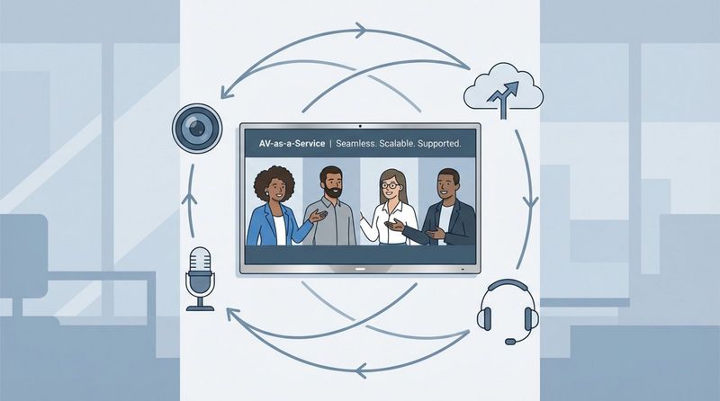 Modern illustration depicting AV-as-a-Service with a conference room screen showing a video call and connected icons representing hardware software and support.