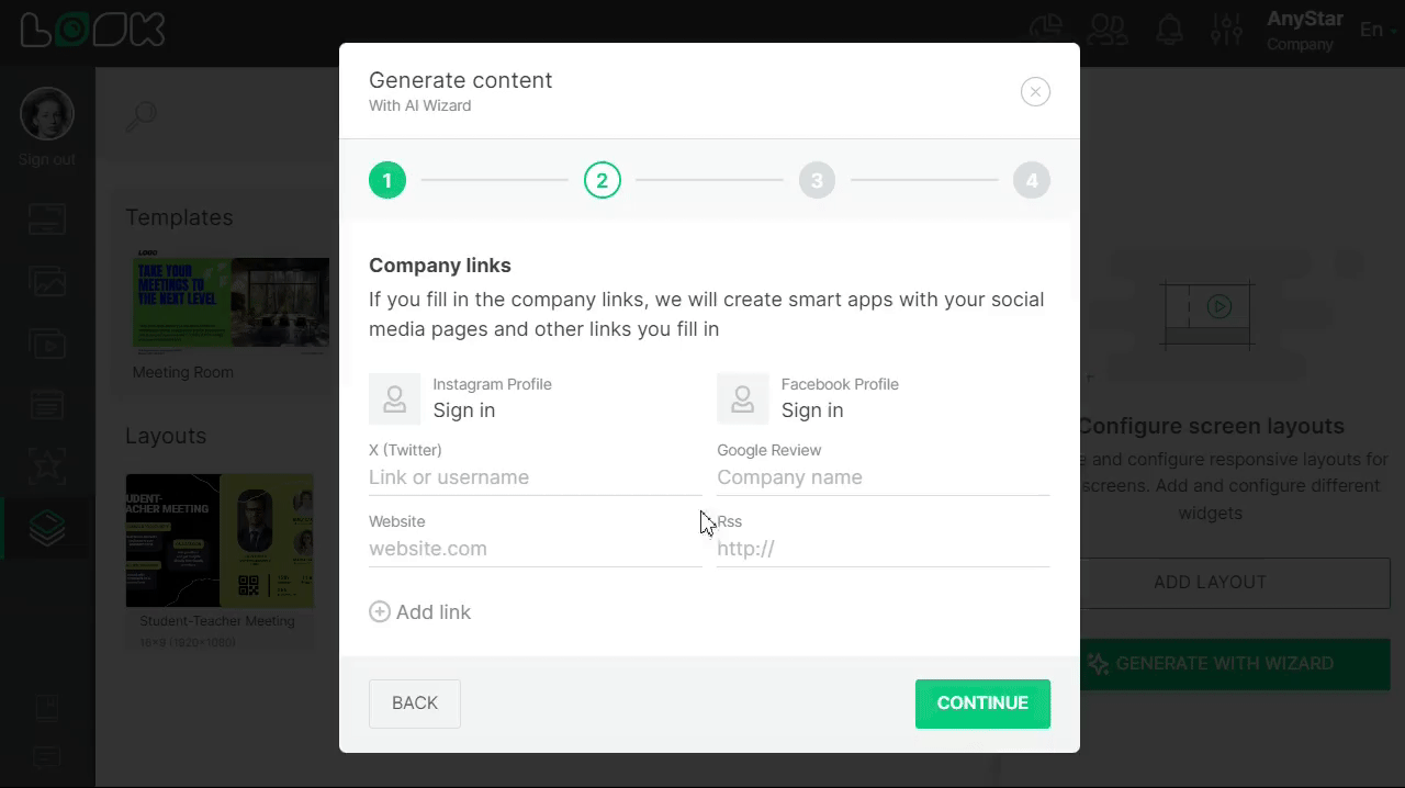 fill in links to the company's social media pages