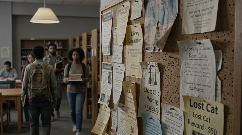 A cluttered cork bulletin board in a library filled with old flyers and notices, emphasizing neglect and lack of attention.