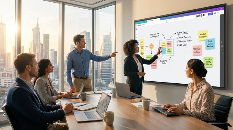 A diverse team collaborates in a bright modern meeting room using an interactive whiteboard for brainstorming.