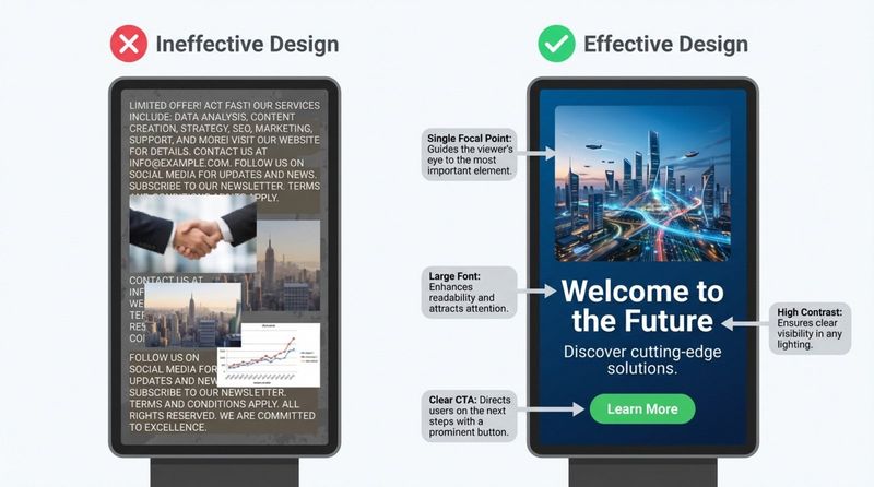 Comparison of ineffective and effective digital signage screens highlighting design best practices.