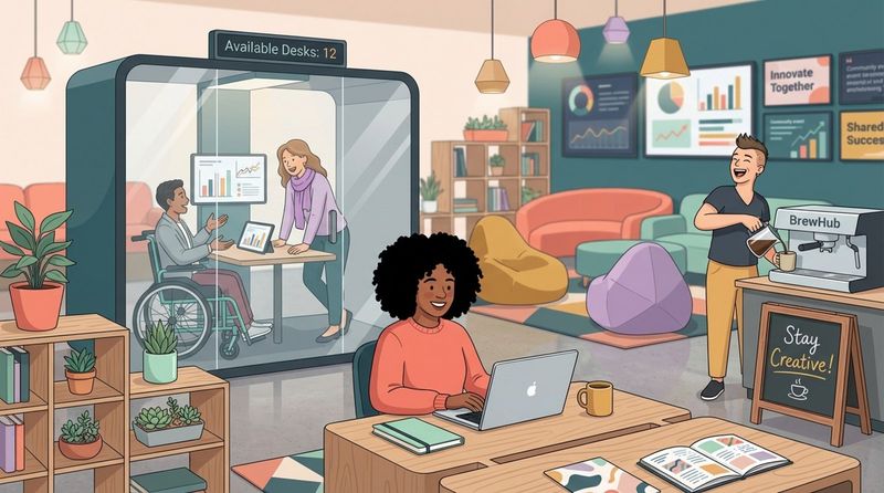 A vibrant flat design illustration of a diverse coworking community with people working and collaborating in a modern office space.