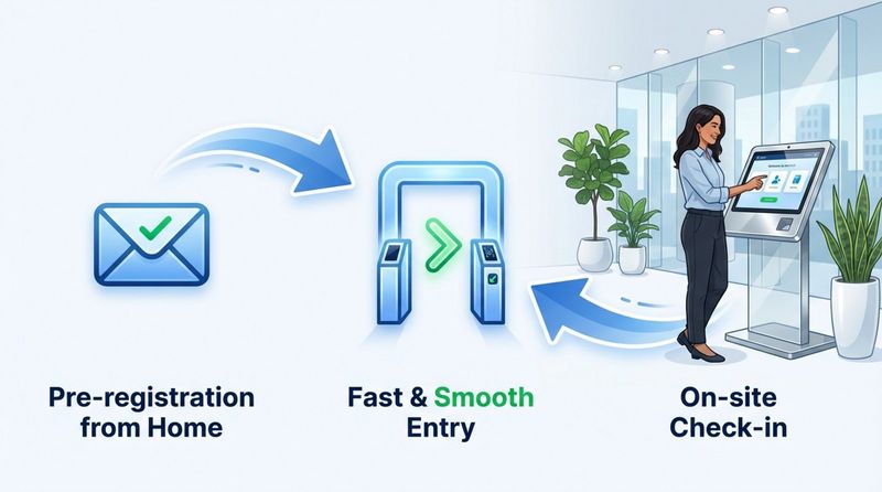An illustration depicting two visitor registration options: pre-registration via email and on-site check-in at a lobby kiosk, both leading to quick entry.