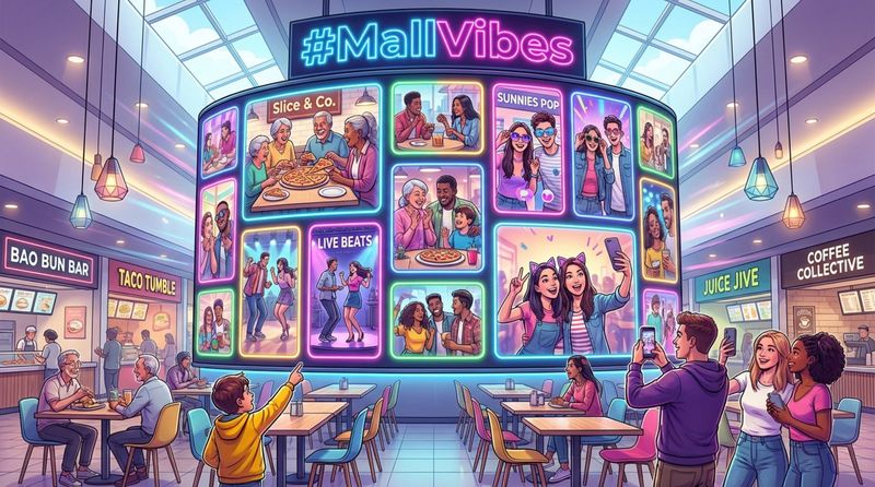 A vibrant digital social media wall displays user photos from the mall's hashtag, showcasing community and enjoyment.