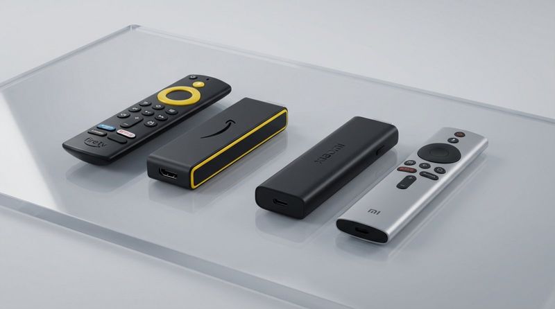 Photorealistic product shot of Amazon Fire TV Stick 4K Max and Xiaomi Mi TV Stick 4K side-by-side on a neutral surface.