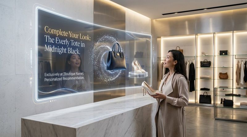 A sleek digital signage in a fashion store displays personalized promotion for a handbag to a shopper with matching shoes, highlighting seamless and intelligent technology.