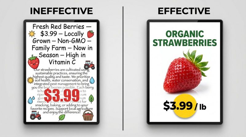 Comparison of effective and ineffective digital sign designs showing cluttered versus clean layouts with clear messaging.