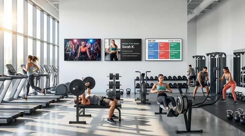 Photorealistic interior of a modern gym with three digital screens displaying a motivational video, member spotlight, and class schedule, creating a lively workout atmosphere.
