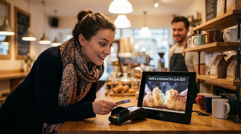 Customer about to pay with card at a coffee shop, with a digital display showing a tempting croissant offer.