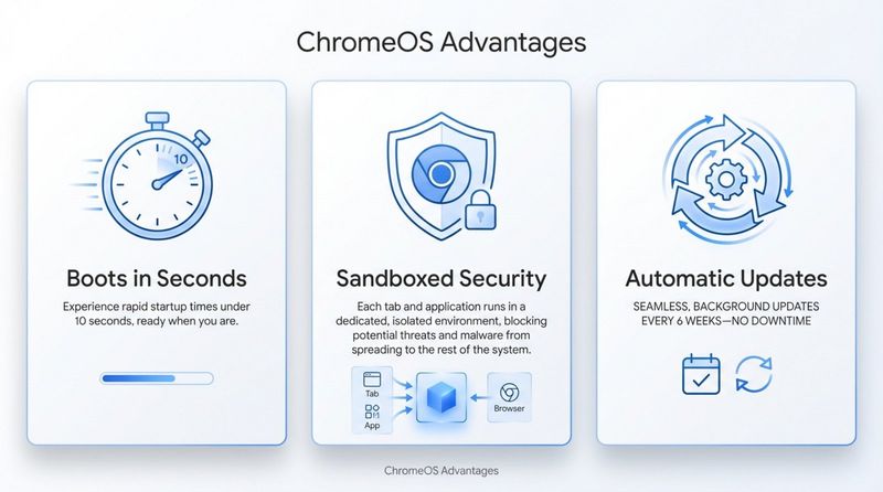 A modern infographic highlighting ChromeOS advantages for a Chromebox with icons for fast boot, security, and updates.