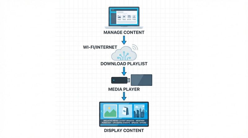 Infographic illustrating how a digital signage system operates with icons for cloud management, internet connection, media player, and display screen showing content.