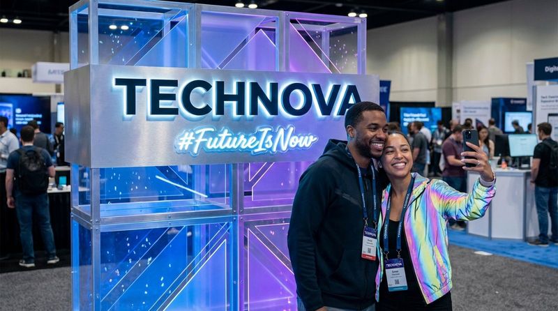 Attendees pose for a selfie at a tech conference with a branded backdrop and neon logo, capturing a shareable moment.