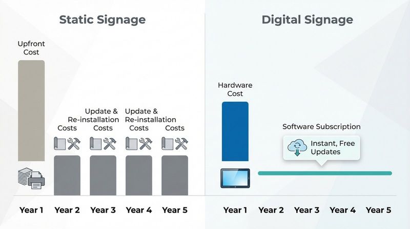Comparison infographic showing static and digital signage costs over five years with clear icons and a clean design.