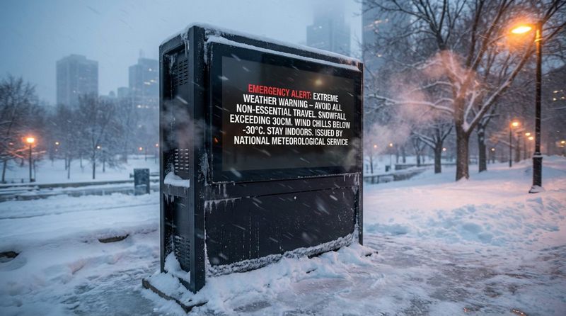 A digital information kiosk displaying an emergency weather alert during a snowstorm, showcasing its durability in harsh cold conditions.