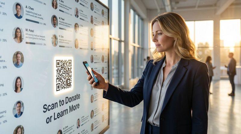 A person scans a QR code on a digital donor wall to access donation options and stories at a professional event.