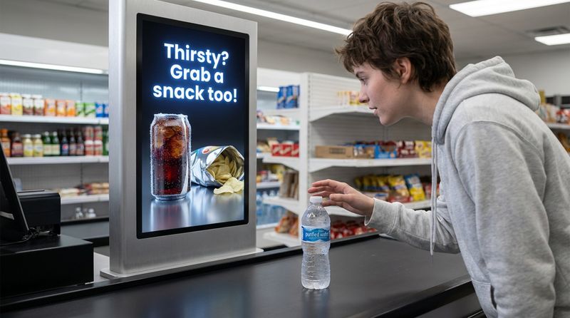 A customer places a water bottle on a clean checkout counter with a bright digital screen showing a soda and chips, encouraging impulse buying.