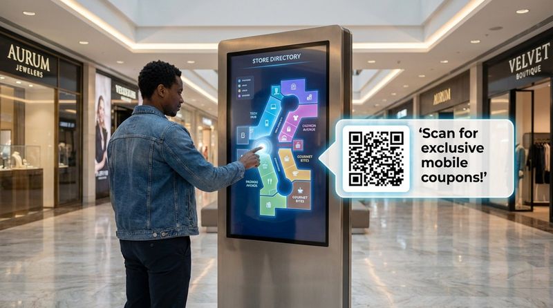 A customer uses a large vertical touchscreen kiosk in a shopping mall to access store information and scan a QR code for coupons.