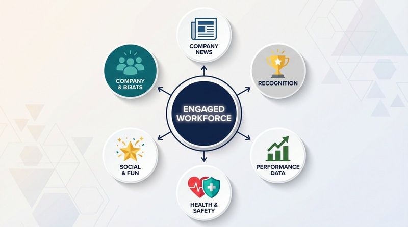 Infographic illustrating main content pillars for breakroom signage with a central engaged workforce surrounded by key topics.