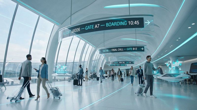 A futuristic airport terminal with large digital screens and busy travelers guiding the sense of a grand, efficient space.