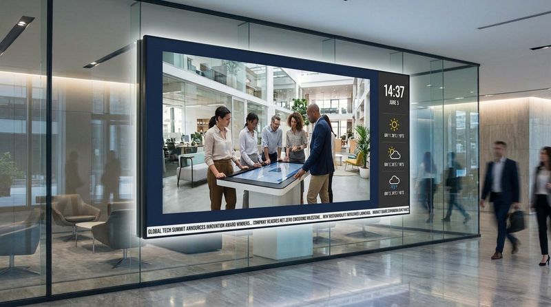 A modern digital bulletin board displaying a corporate video, weather forecast, and news ticker with clear, high-contrast design.