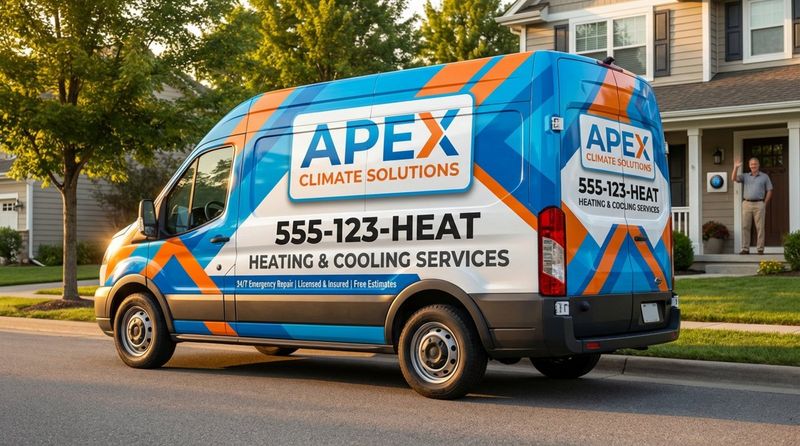 Photorealistic image of a professional HVAC service van with modern branding parked on a residential street.