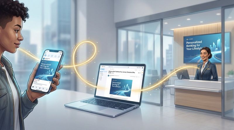 A customer journey connecting social media, email, and branch touchpoints in a seamless modern illustration.