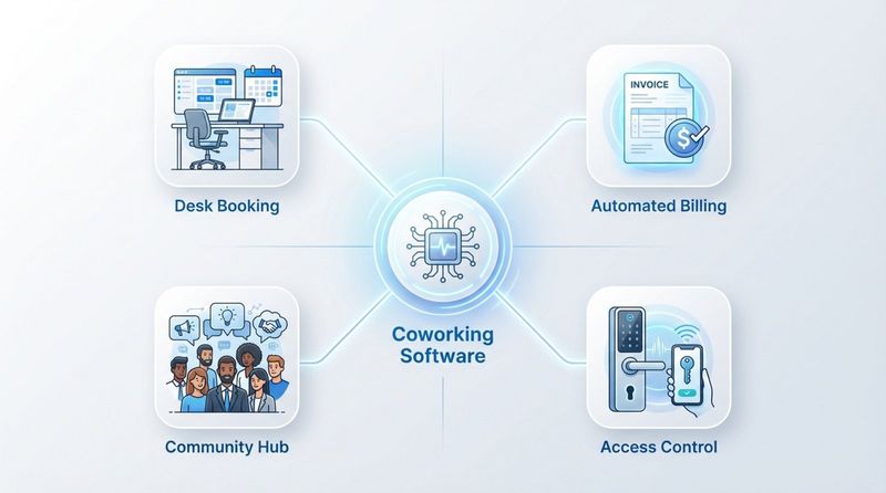A modern infographic showing coworking software as a central system connecting desk booking, billing, access control, and community features.
