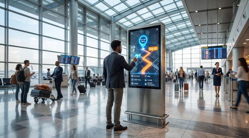 A traveler interacts with a large touchscreen map at a busy airport showing directions to Gate B2.