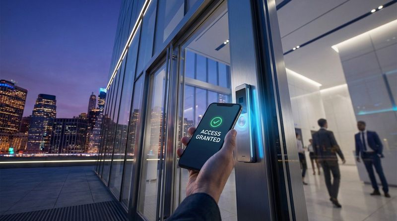 A hand holds a smartphone showing access granted near a glowing smart lock on a glass door in a sleek office setting at dusk.