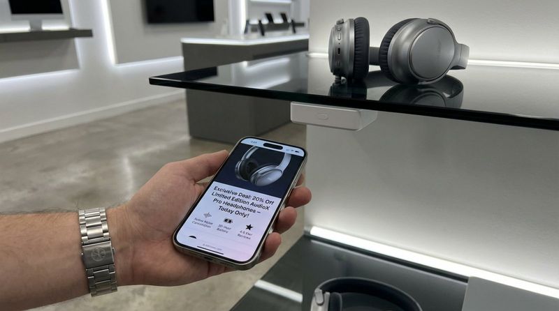 Close-up of a beacon device next to headphones with a smartphone displaying product details and a special offer.