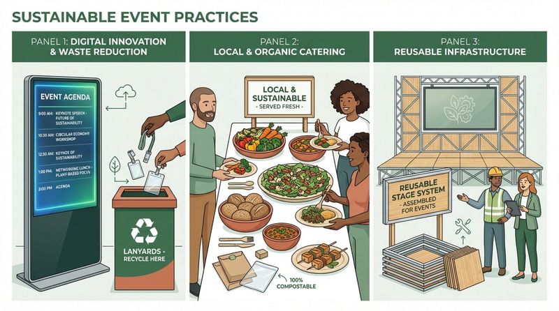 An infographic illustrating sustainable event practices with panels showing digital signage and recycling, healthy local food, and reusable stage materials.