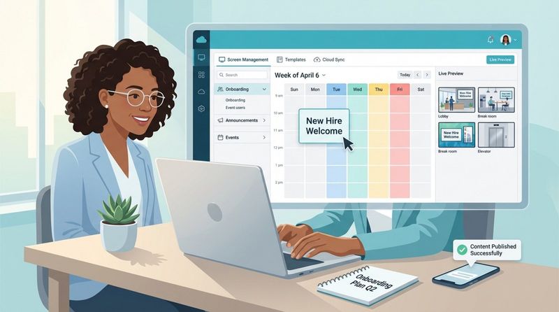 An HR professional uses a laptop with a digital signage CMS dashboard to organize content efficiently.